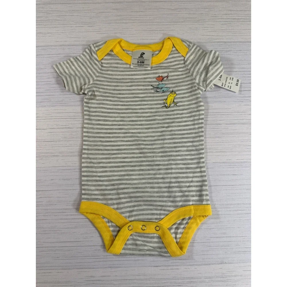 Dr Seuss One Fish Two Fish Striped Bodysuit Baby 3-6M Grey Yellow NWT